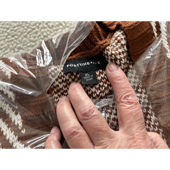 Fortune+Ivy Stitch Fix Women's Chevron Open Cardigan Sweater Rust/White Sz XL - Picture 4 of 8